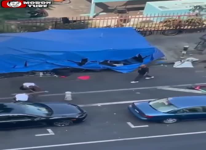 Video :A resident of Los Angeles records a brawl between homeless people on his street